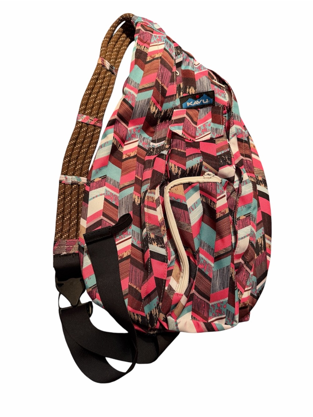 Kavu Colorblock Chevron Sling Bag in Pink, Teal & Brown